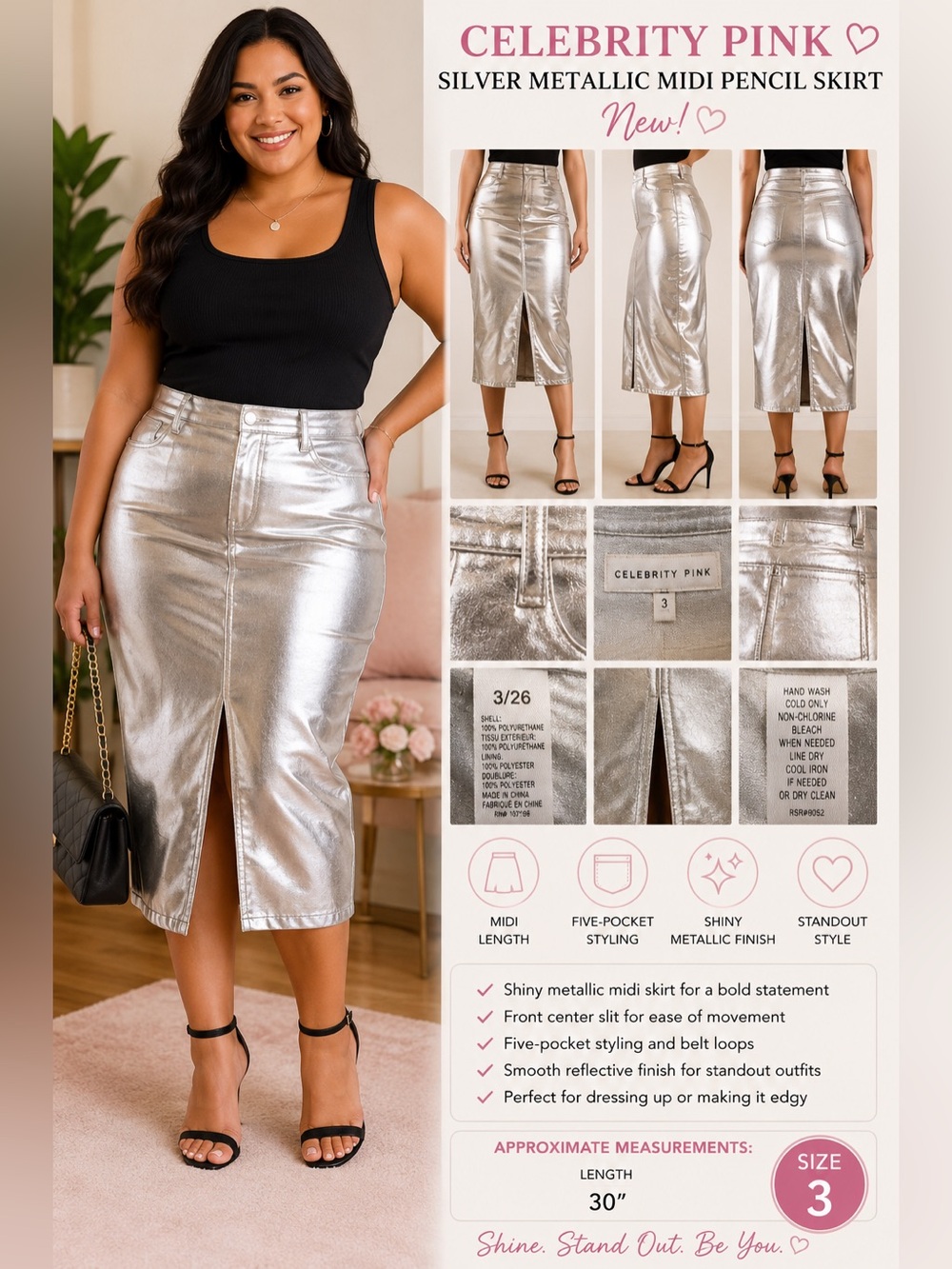 Celebrity‎ Pink Silver Metallic Midi Pencil Skirt NEW Size 3